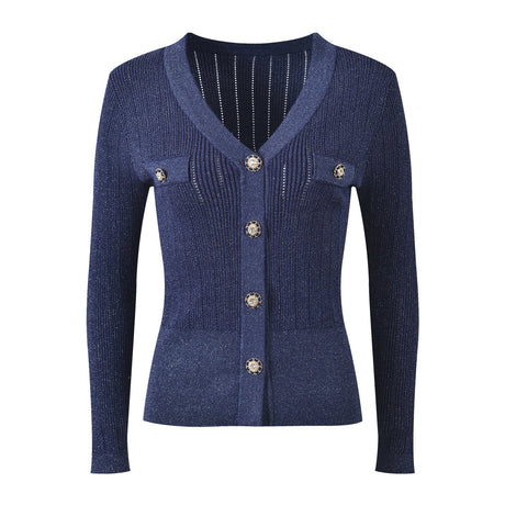 Malia Ribbed V - Neck Top – Shimmer Detail – Decorative Buttons – Fitted Knit Design