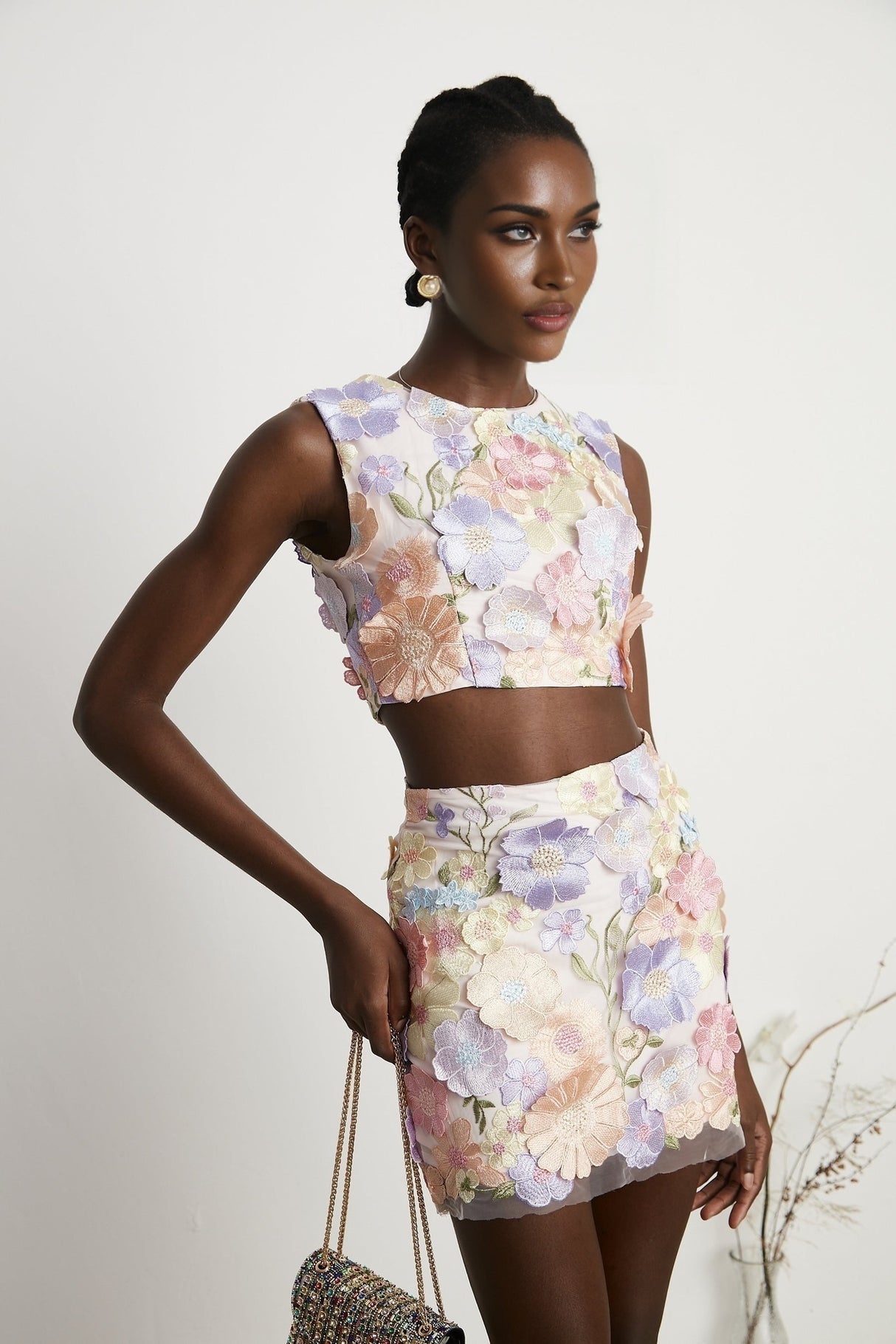 Malika petal embroidered top  skirt matching set