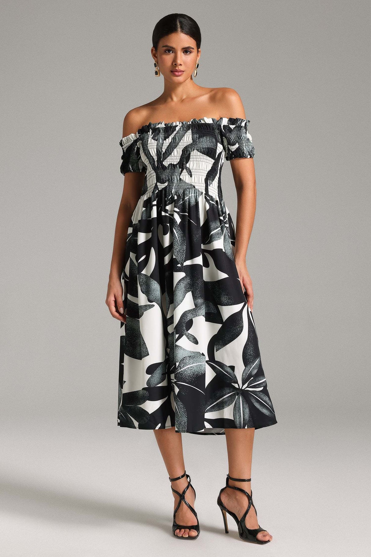 Malina Black Smocking Off-Shoulder Dress with Intricate Bodice Detailing and Flowing Fabric for Comfort and Elegance