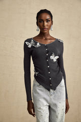 Malina Cardigan Grey Butterfly Sequin Motif & Rhinestone Detail