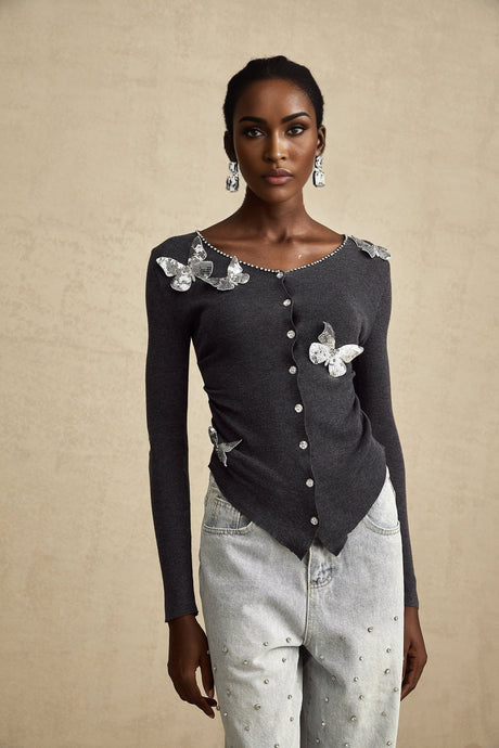Malina Cardigan Grey Butterfly Sequin Motif & Rhinestone Detail