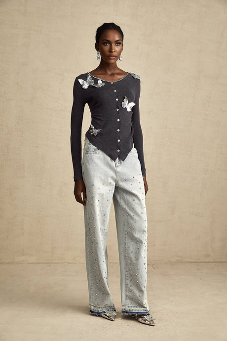 Malina Cardigan Grey Butterfly Sequin Motif & Rhinestone Detail