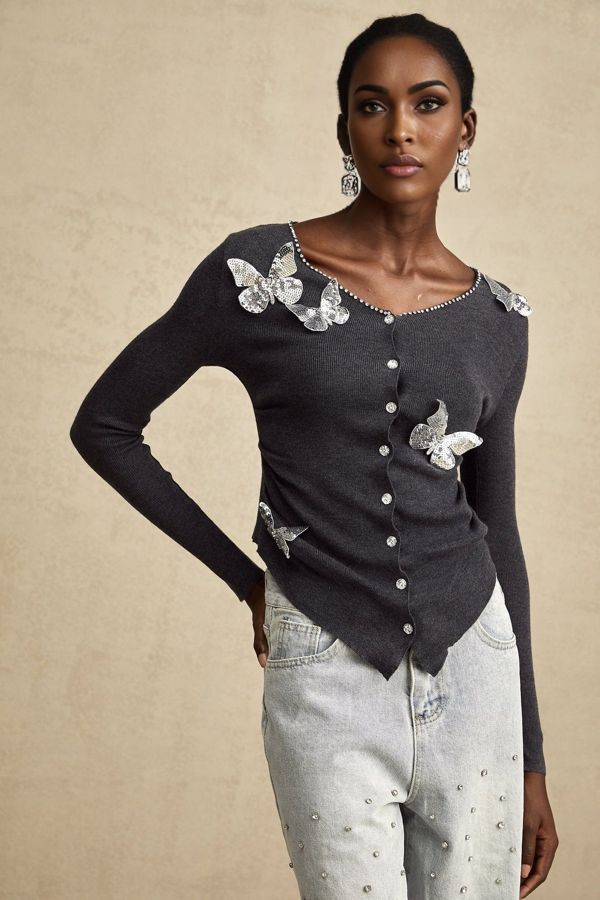 Malina Cardigan Grey Butterfly Sequin Motif & Rhinestone Detail