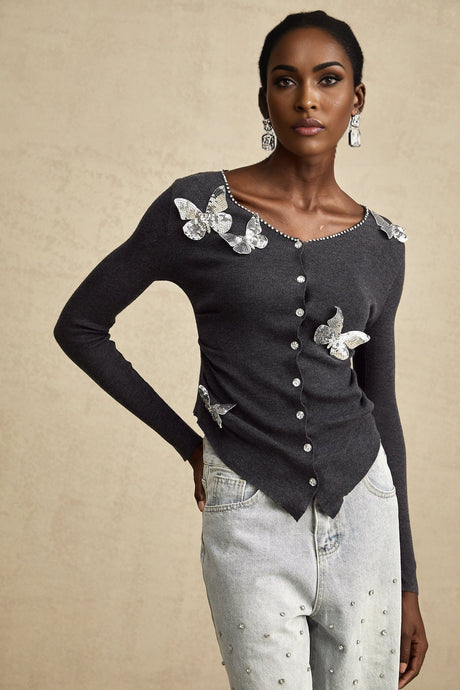 Malina Cardigan Grey Butterfly Sequin Motif & Rhinestone Detail