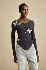 Malina Cardigan Grey Butterfly Sequin Motif & Rhinestone Detail