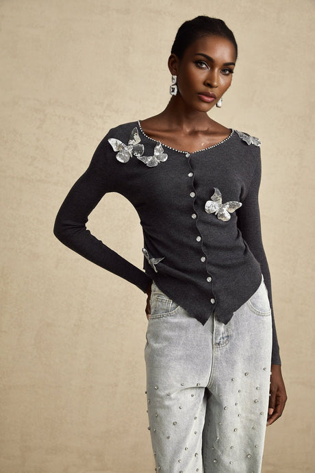Malina Cardigan Grey Butterfly Sequin Motif & Rhinestone Detail