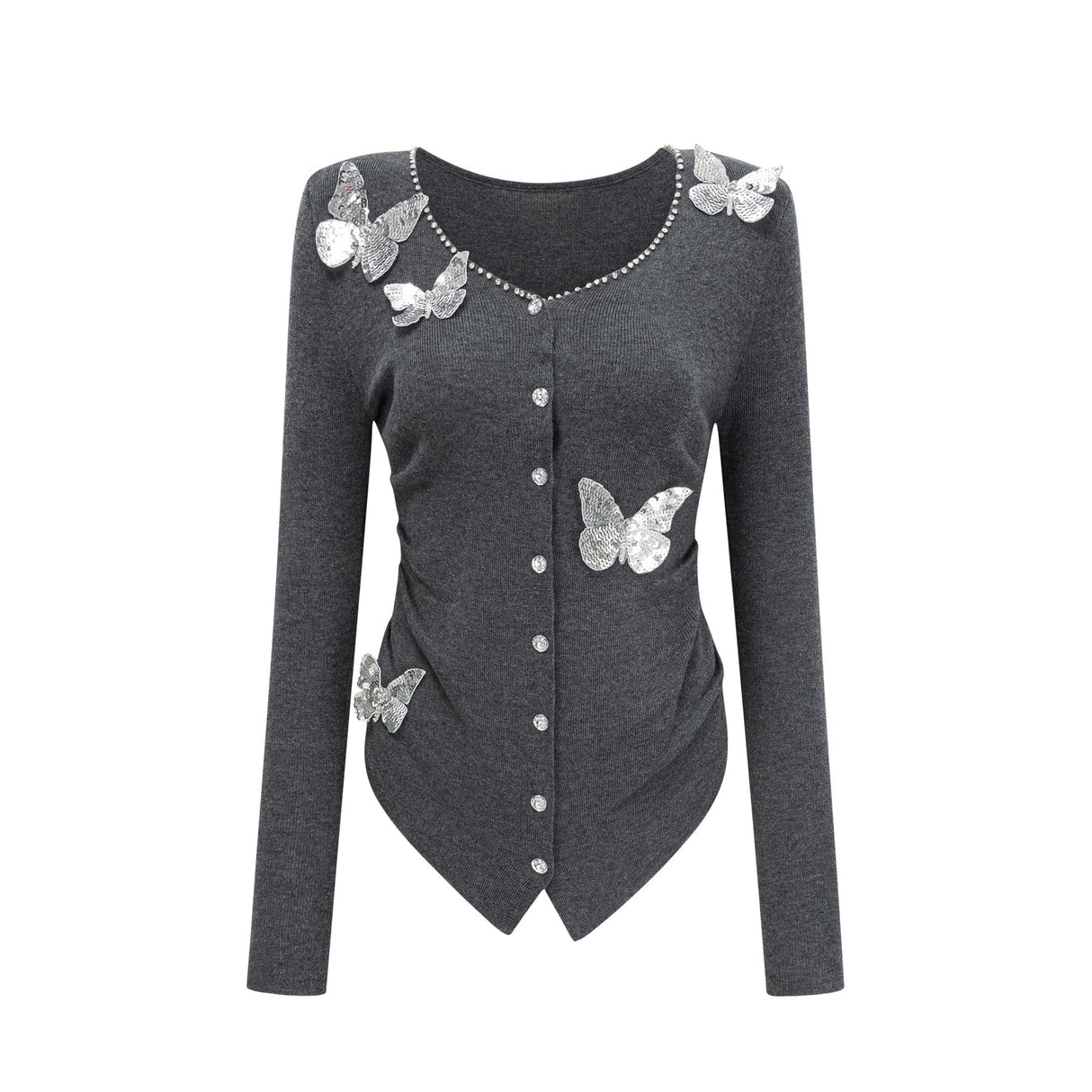 Malina Cardigan Grey Butterfly Sequin Motif & Rhinestone Detail