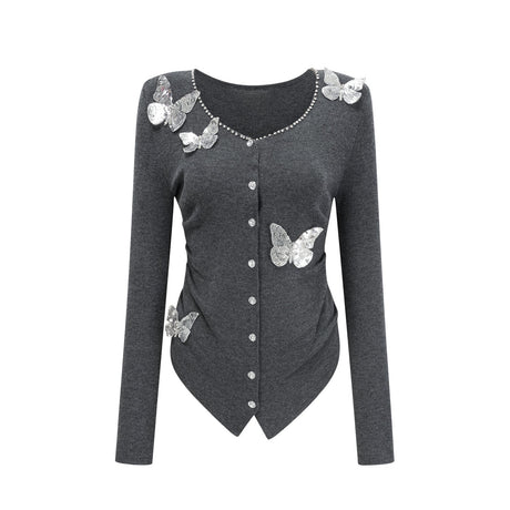Malina Cardigan Grey Butterfly Sequin Motif & Rhinestone Detail