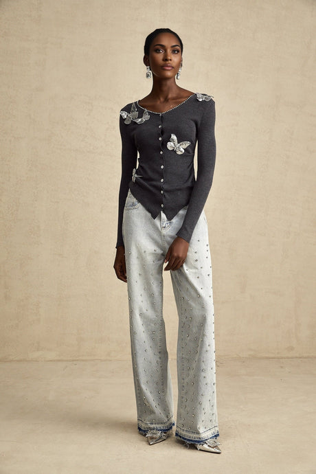 Malina Cardigan Grey Butterfly Sequin Motif & Rhinestone Detail