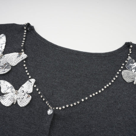 Malina Cardigan Grey Butterfly Sequin Motif & Rhinestone Detail