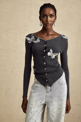 Malina Cardigan Grey Butterfly Sequin Motif & Rhinestone Detail
