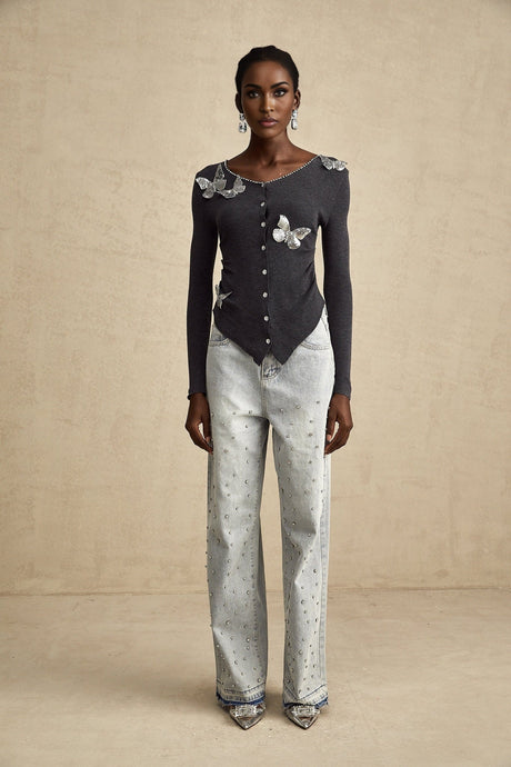 Malina Cardigan Grey Butterfly Sequin Motif & Rhinestone Detail