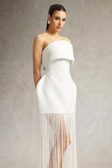 Malina White Fringe Strapless Dress for Night Out Occasions