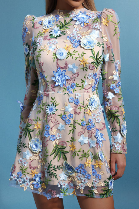 Mallory Beige Floral Embroidered Mini Dress