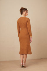 Mallory Dress Caramel Tweed Embellished Pockets & Buttons