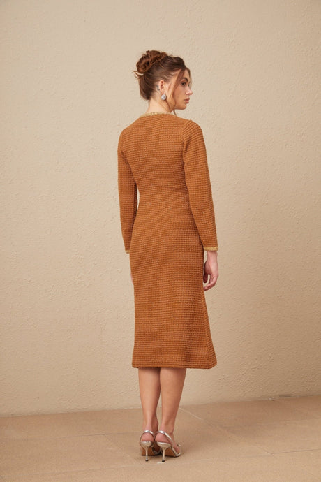 Mallory Dress Caramel Tweed Embellished Pockets & Buttons