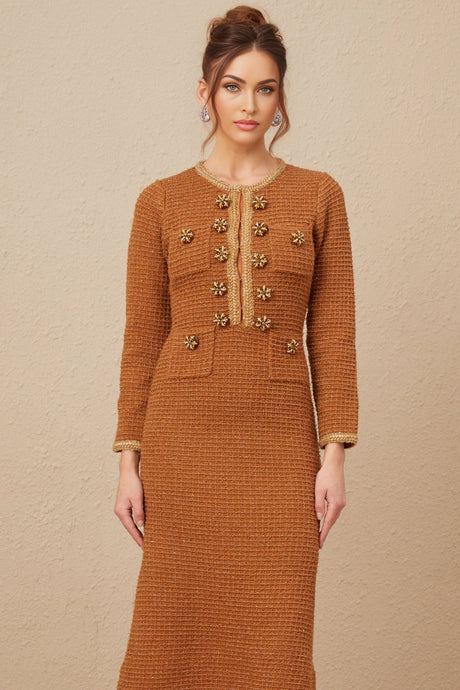 Mallory Dress Caramel Tweed Embellished Pockets & Buttons