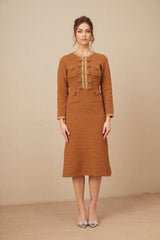 Mallory Dress Caramel Tweed Embellished Pockets & Buttons