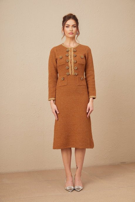 Mallory Dress Caramel Tweed Embellished Pockets & Buttons