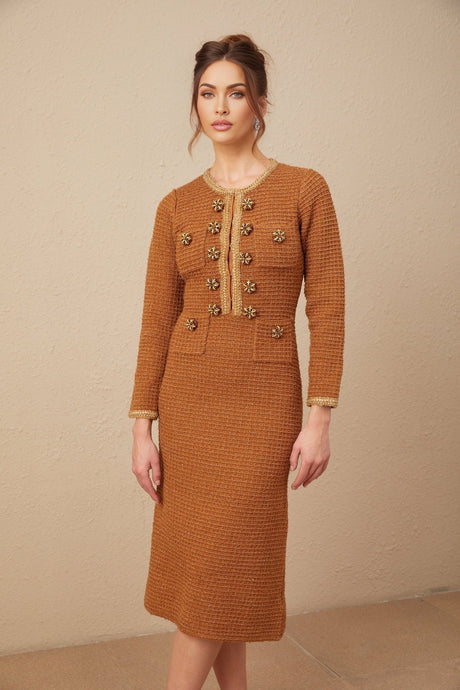 Mallory Dress Caramel Tweed Embellished Pockets & Buttons