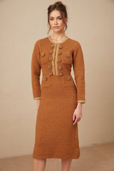 Mallory Dress Caramel Tweed Embellished Pockets & Buttons