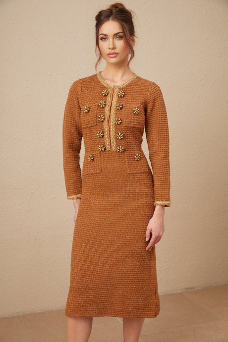 Mallory Dress Caramel Tweed Embellished Pockets & Buttons