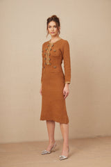 Mallory Dress - Caramel Tweed - Embellished Pockets - Buttons