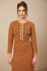 Mallory Dress Caramel Tweed Embellished Pockets & Buttons