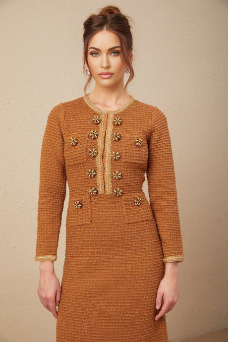 Mallory Dress Caramel Tweed Embellished Pockets & Buttons