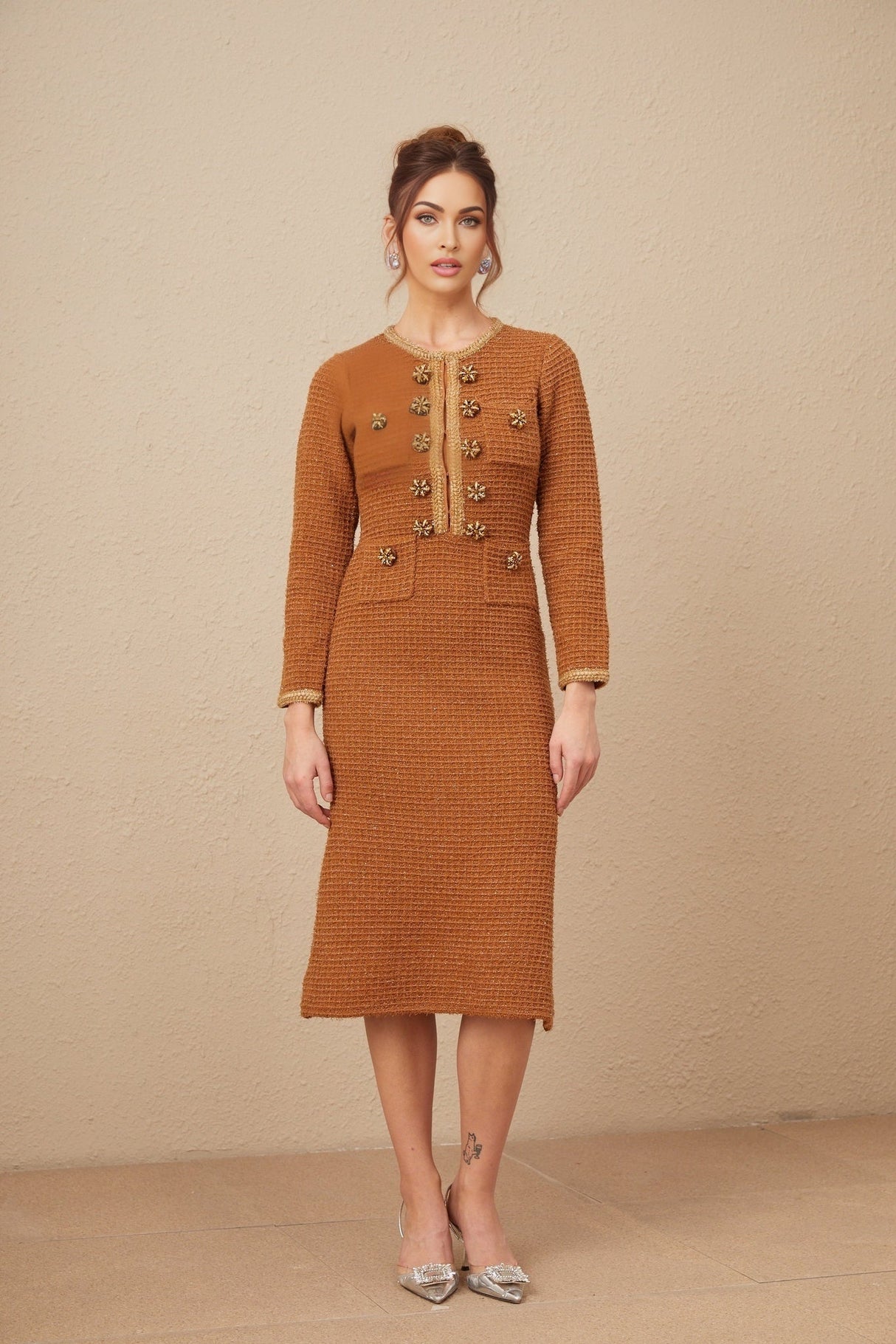 Mallory Dress - Caramel Tweed - Embellished Pockets - Buttons