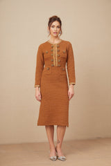 Mallory Dress - Caramel Tweed - Embellished Pockets - Buttons