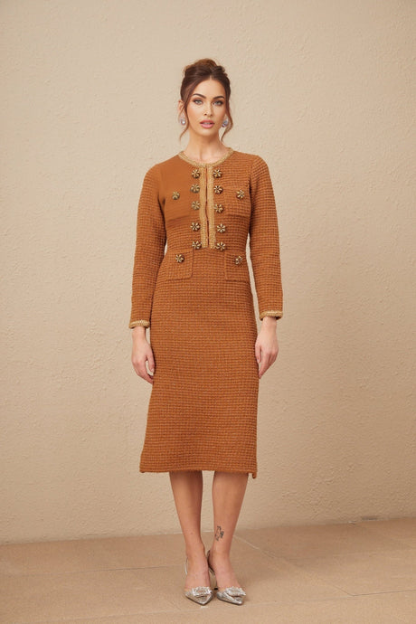 Mallory Dress - Caramel Tweed - Embellished Pockets - Buttons