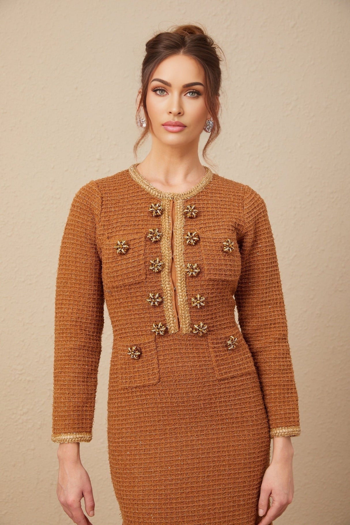 Mallory Dress Caramel Tweed Embellished Pockets & Buttons