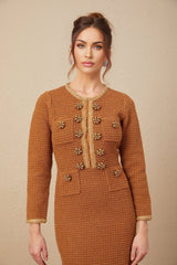 Mallory Dress Caramel Tweed Embellished Pockets & Buttons