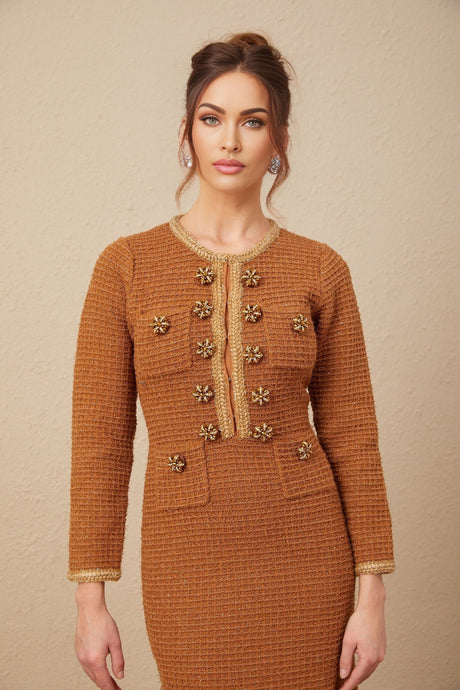 Mallory Dress Caramel Tweed Embellished Pockets & Buttons