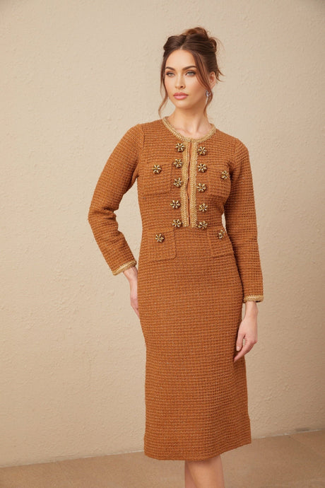Mallory Dress - Caramel Tweed - Embellished Pockets - Buttons