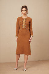 Mallory Dress Caramel Tweed Embellished Pockets & Buttons