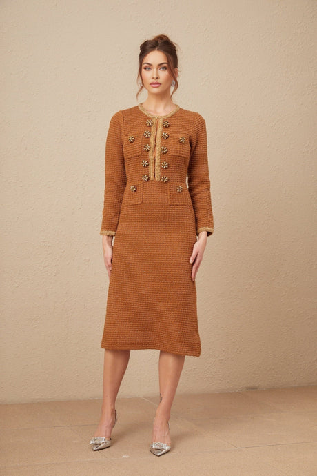 Mallory Dress Caramel Tweed Embellished Pockets & Buttons
