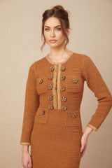 Mallory Dress Caramel Tweed Embellished Pockets & Buttons