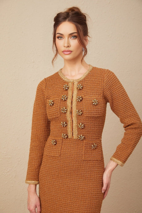 Mallory Dress Caramel Tweed Embellished Pockets & Buttons