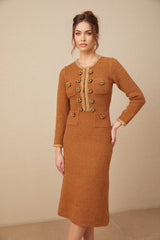 Mallory Dress Caramel Tweed Embellished Pockets & Buttons