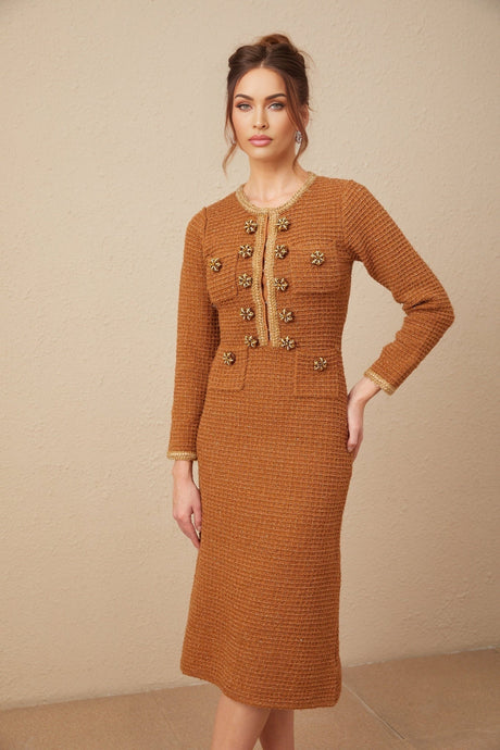 Mallory Dress Caramel Tweed Embellished Pockets & Buttons