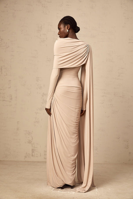 Mallory Maxi Dress with Cape and Ribbon Design