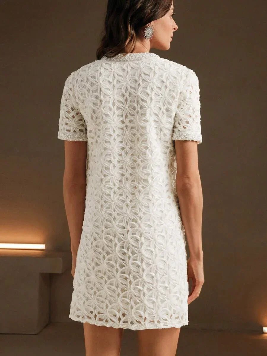 Mallory Midi Dress - Elegant Style - Notched Neckline - Short Sleeve - Tunic Design - Polyester Fabric