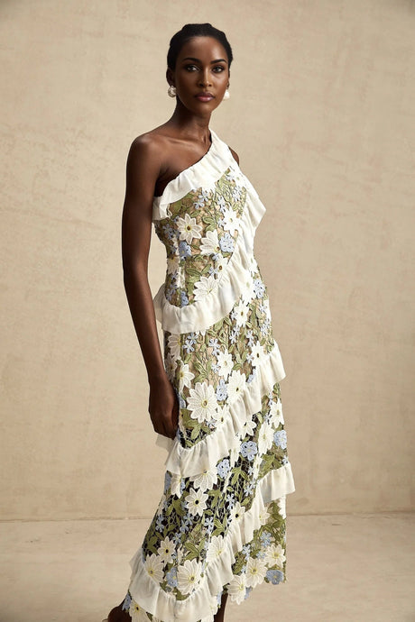 Mallory Midi Dress Green Multicolor Floral Embroidery Ruffle Detailing