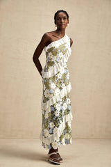 Mallory Midi Dress Green Multicolor Floral Embroidery Ruffle Detailing