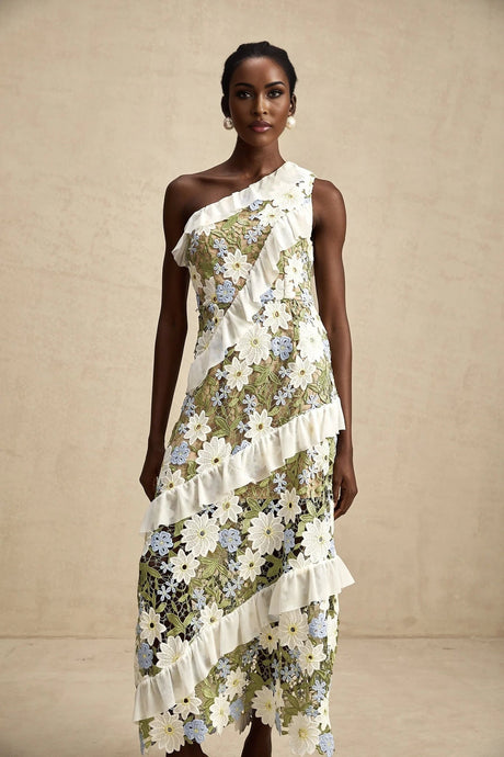 Mallory Midi Dress Green Multicolor Floral Embroidery Ruffle Detailing