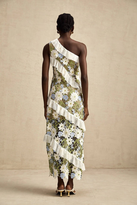 Mallory Midi Dress Green Multicolor Floral Embroidery Ruffle Detailing