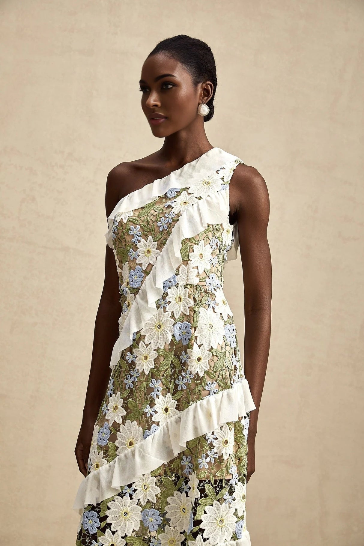 Mallory Midi Dress Green Multicolor Floral Embroidery Ruffle Detailing