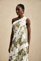 Mallory Midi Dress Green Multicolor Floral Embroidery Ruffle Detailing